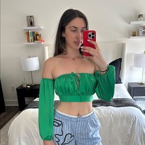 Green Superdown Off-Shoulder Crop Top